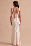 White Mermaid Square Neck Satin Sequins Appliques Long Wedding Dress with Beading
