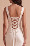 White Mermaid Square Neck Satin Sequins Appliques Long Wedding Dress with Beading