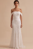 White Mermaid Off the Shoulder Beaded Tulle Long Wedding Dress