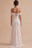 White Mermaid Off the Shoulder Beaded Tulle Long Wedding Dress