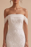 White Mermaid Off the Shoulder Beaded Tulle Long Wedding Dress