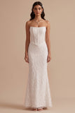 White Corset Mermaid Strapless Maxi Wedding Dress with Embroidery