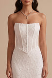 White Corset Mermaid Strapless Maxi Wedding Dress with Embroidery