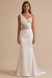 White Mermaid One Shoulder Ruched Appliques Cut Out Wedding Dress with Rhinestones