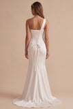 White Mermaid One Shoulder Ruched Appliques Cut Out Wedding Dress with Rhinestones