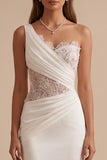 White Mermaid One Shoulder Ruched Appliques Cut Out Wedding Dress with Rhinestones