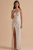 White Sheath Strapless Sequins Rhinestones Long Wedding Dress with Slit