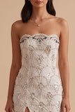 White Sheath Strapless Sequins Rhinestones Long Wedding Dress with Slit