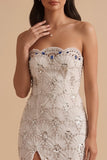 White Sheath Strapless Sequins Rhinestones Long Wedding Dress with Slit