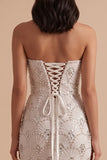 White Sheath Strapless Sequins Rhinestones Long Wedding Dress with Slit