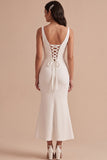 White Mermaid Satin V-Neck Ruched Midi Wedding Dress