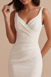 White Mermaid Satin V-Neck Ruched Midi Wedding Dress