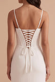 White Corset Sheath Satin Spaghetti Straps Long Wedding Dress with Slit