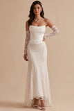 White Corset Mermaid Satin High Low Strapless Long Wedding Dress with Lace