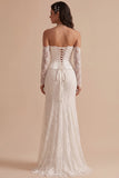 White Corset Mermaid Satin High Low Strapless Long Wedding Dress with Lace