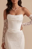 White Corset Mermaid Satin High Low Strapless Long Wedding Dress with Lace