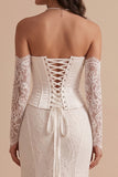 White Corset Mermaid Satin High Low Strapless Long Wedding Dress with Lace