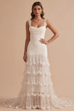 White Mermaid Cowl Tiered Ruffled Tulle Sequins Maxi Wedding Dress with 3D Flower