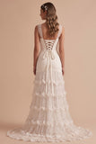 White Mermaid Cowl Tiered Ruffled Tulle Sequins Maxi Wedding Dress with 3D Flower