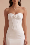 White Corset Mermaid Satin Strapless Long Wedding Dress with 3D Flower