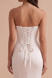 White Corset Mermaid Satin Strapless Long Wedding Dress with 3D Flower
