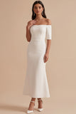 White Mermaid Off the Shoulder Half Sleeves Satin Midi Wedding Dress