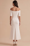 White Mermaid Off the Shoulder Half Sleeves Satin Midi Wedding Dress