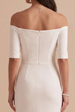 White Mermaid Off the Shoulder Half Sleeves Satin Midi Wedding Dress
