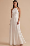 White A-Line Halter Chiffon Lace Cut Out Long Wedding Dress