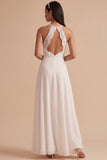 White A-Line Halter Chiffon Lace Cut Out Long Wedding Dress