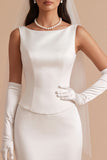 White Mermaid Bateau Neck Satin Long Wedding Dress