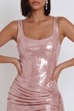 Pink Corset Metallic Bodycon Scoop Neck Ruched Short Cocktail Dress with Draping