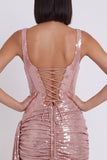 Pink Corset Metallic Bodycon Scoop Neck Ruched Short Cocktail Dress with Draping
