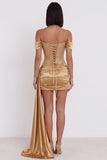 Gold Corset Off the Shoulder Ruched Satin Beaded Short Cocktail Dress with Draping