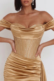 Gold Corset Off the Shoulder Ruched Satin Beaded Short Cocktail Dress with Draping