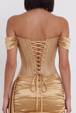 Gold Corset Off the Shoulder Ruched Satin Beaded Short Cocktail Dress with Draping