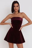 Burgundy A-Line Strapless Velvet Short Cocktail Dress