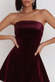 Burgundy A-Line Strapless Velvet Short Cocktail Dress
