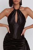 Black Satin Corset Halter Keyhole Ruched Short Cocktail Dress with Draping
