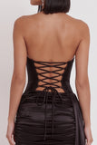 Black Satin Corset Halter Keyhole Ruched Short Cocktail Dress with Draping