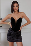 Black Bodycon Velvet Strapless Ruched Short Cocktail Dress
