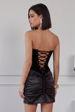 Black Bodycon Velvet Strapless Ruched Short Cocktail Dress