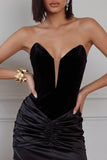 Black Bodycon Velvet Strapless Ruched Short Cocktail Dress