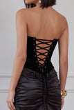 Black Bodycon Velvet Strapless Ruched Short Cocktail Dress