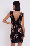 Black Velvet Bodycon Printed Cowl Neck Ruched Short Cocktail Dress