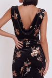Black Velvet Bodycon Printed Cowl Neck Ruched Short Cocktail Dress