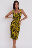 Yellow Green Printed Bodycon Square Neck Midi Cocktail Dress