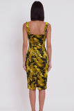 Yellow Green Printed Bodycon Square Neck Midi Cocktail Dress