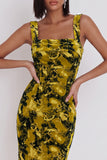 Yellow Green Printed Bodycon Square Neck Midi Cocktail Dress