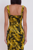 Yellow Green Printed Bodycon Square Neck Midi Cocktail Dress